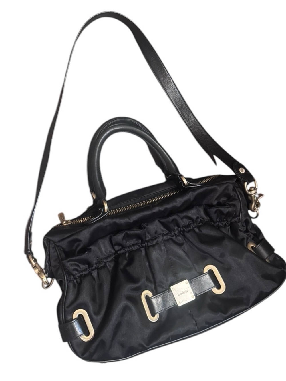 BOTKIER Black Satin Leather Trim Gold Hardware 2 Way Purse Handbag